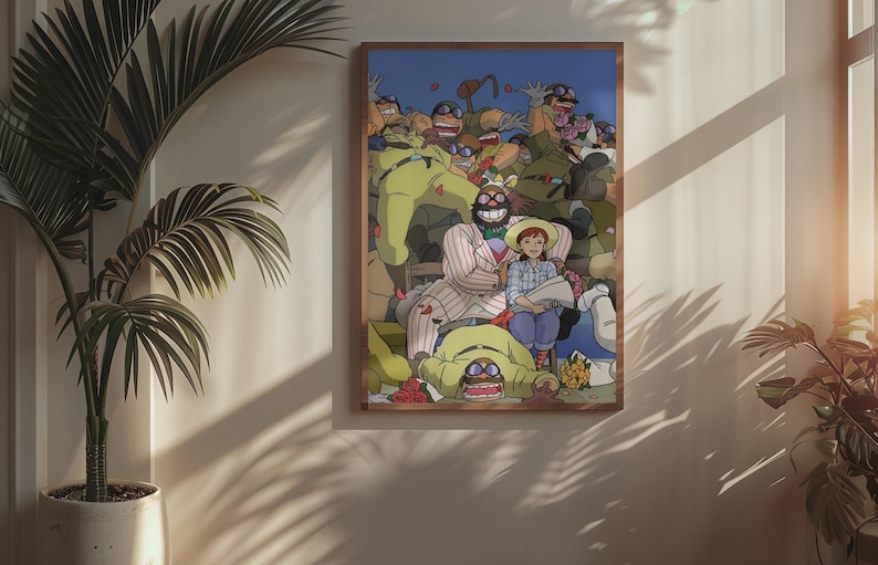 以下が含まれることがあります： カラフルなイラストが描かれた額入りのアートプリント。様々なポーズをとる漫画のキャラクターのグループが描かれており、中央には若い人が座っています。キャラクターは緑、黄、ピンクの色合いで、背景は青い空です。