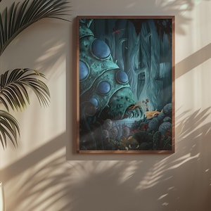 May include: A framed art print depicting a fantastical forest scene with a large, textured, teal-colored structure with blue orbs. The artwork is set in a dark, moody environment with a touch of light, creating a mysterious atmosphere.