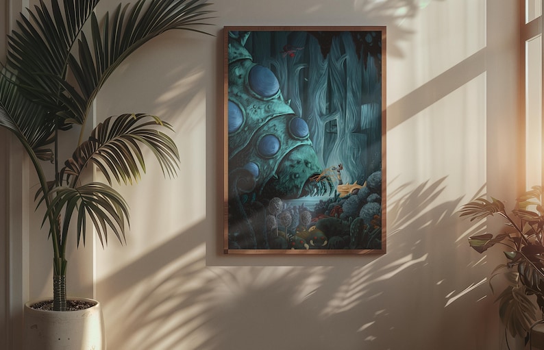 May include: A framed art print depicting a fantastical forest scene with a large, textured, teal-colored structure with blue orbs. The artwork is set in a dark, moody environment with a touch of light, creating a mysterious atmosphere.