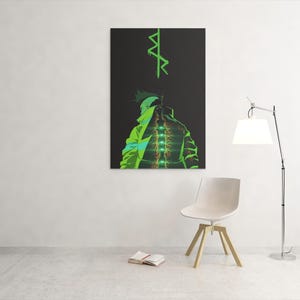 Puede incluir: Una impresi&oacute;n art&iacute;stica enmarcada que presenta una figura con una chaqueta verde ne&oacute;n y una cubierta para la cabeza verde, sobre un fondo negro. La obra de arte tiene una est&eacute;tica futurista, cyberpunk, con acentos verdes y un dise&ntilde;o estilizado.