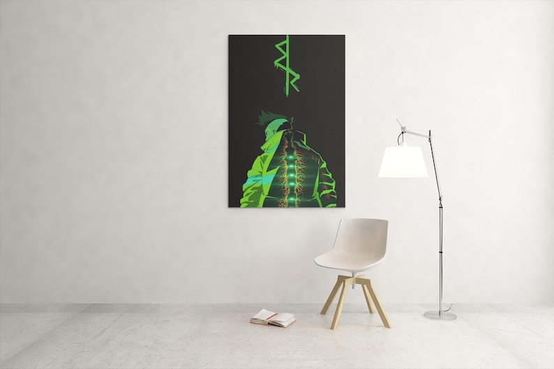 Puede incluir: Una impresi&oacute;n art&iacute;stica enmarcada que presenta una figura con una chaqueta verde ne&oacute;n y una cubierta para la cabeza verde, sobre un fondo negro. La obra de arte tiene una est&eacute;tica futurista, cyberpunk, con acentos verdes y un dise&ntilde;o estilizado.