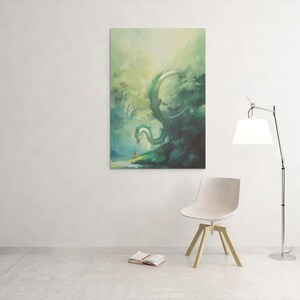 May include: A rectangular canvas print depicts a fantasy scene with a large, serpentine creature in a lush, green environment. A small figure stands near the water. The print is mounted on a white wall, with a chair and lamp nearby.