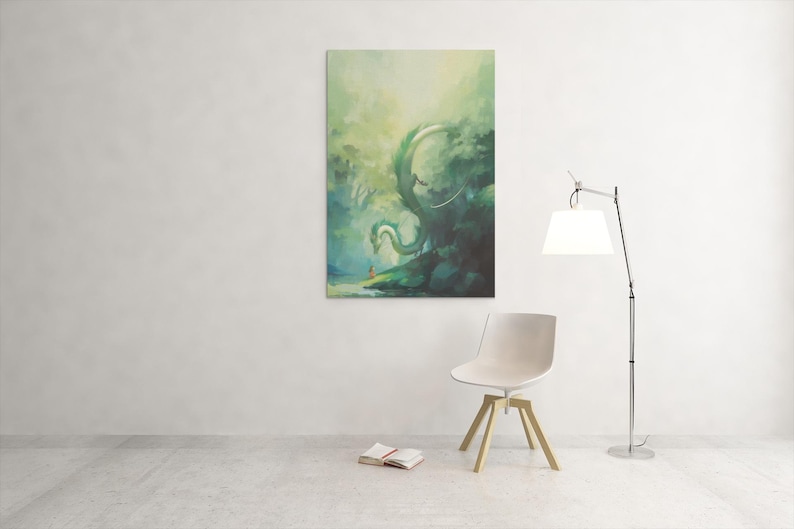 May include: A rectangular canvas print depicts a fantasy scene with a large, serpentine creature in a lush, green environment. A small figure stands near the water. The print is mounted on a white wall, with a chair and lamp nearby.