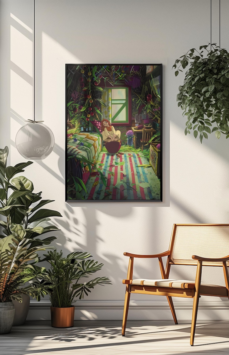 May include: A framed art print depicting a cozy interior scene. The artwork showcases a room filled with lush greenery, a window, and a person sitting on a large, red object. The color palette includes greens, reds, and blues, creating a vibrant and inviting atmosphere.