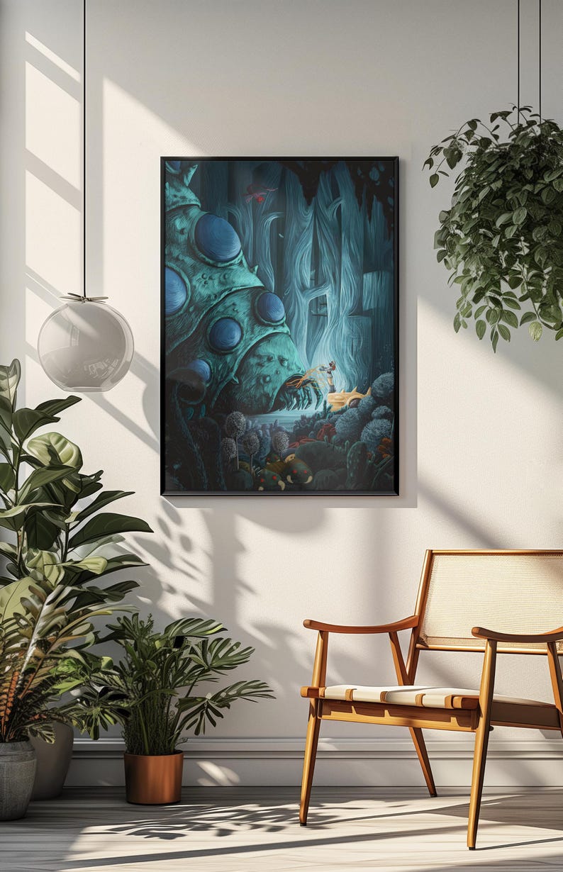 May include: A framed fantasy art print depicting a surreal forest scene with a large, teal creature and small figures gathered around a light source. The artwork is displayed on a white wall, with a wooden chair and potted plants in the foreground.