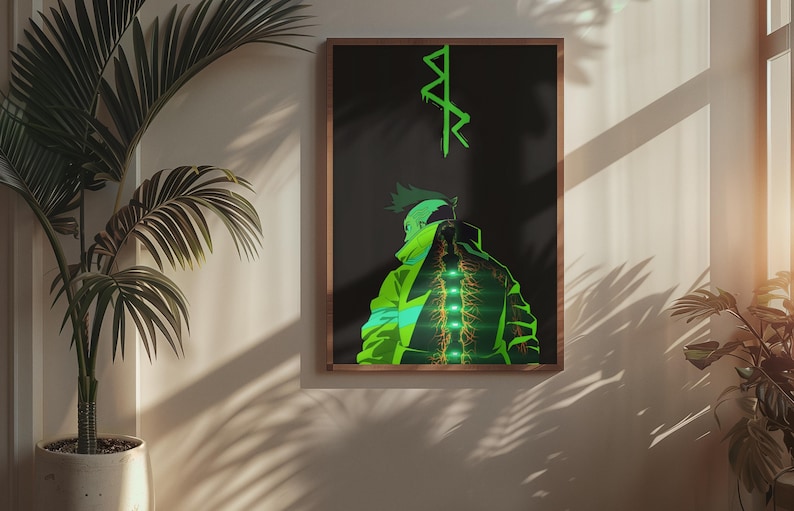 Puede incluir: Una impresi&oacute;n art&iacute;stica enmarcada con una ilustraci&oacute;n verde ne&oacute;n sobre un fondo negro. La obra de arte representa una figura de espaldas, con una chaqueta con detalles brillantes. Encima de la figura, se ve texto estilizado verde. La impresi&oacute;n est&aacute; en una pared.