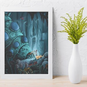 May include: A framed fantasy art print featuring a surreal landscape with a large, teal, bulbous structure and a small, golden creature. The artwork is set in a blue-toned environment. A white vase with green foliage sits to the right.