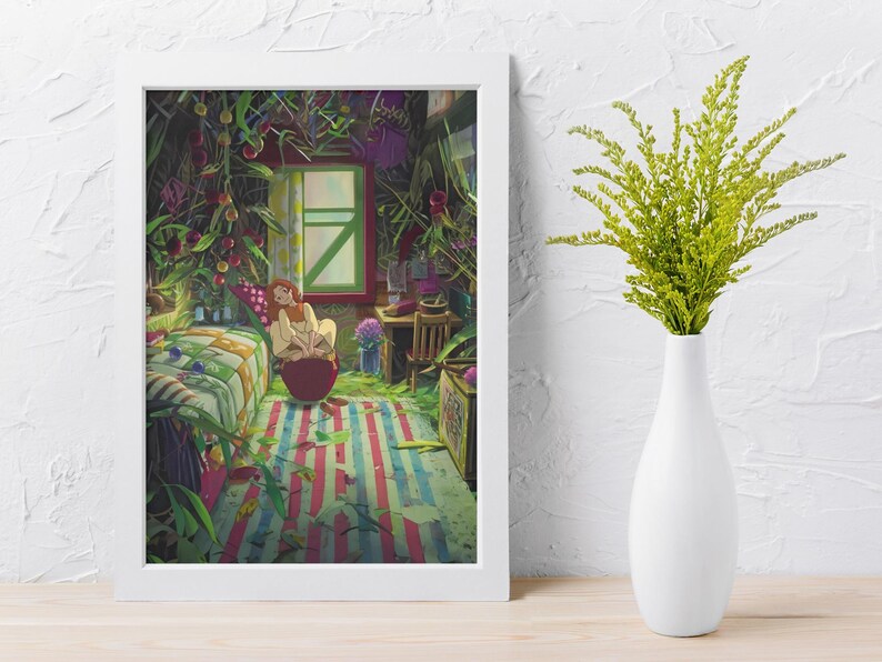 May include: A framed art print of a room filled with lush greenery and a person sitting on a red object. The room has a window with a green frame, a striped rug, and a bed with a patterned quilt. A white vase holds green plants.