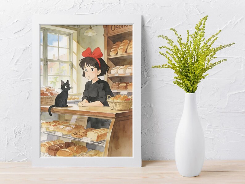 May include: Watercolor print of a bakery scene featuring a young woman with a red bow, a black cat, and various baked goods. The print is framed in a white border and set against a white textured wall. A white vase with green foliage is in the foreground.