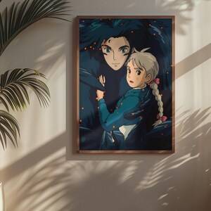 Det rörliga slottet-affisch | Studio Ghibli Anime-väggkonst | Magisk fantasyfilmtryck | Mysig japansk rumsdekor | Vintage anime-present till fan bild 2