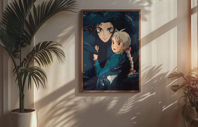 Det rörliga slottet-affisch | Studio Ghibli Anime-väggkonst | Magisk fantasyfilmtryck | Mysig japansk rumsdekor | Vintage anime-present till fan bild 2