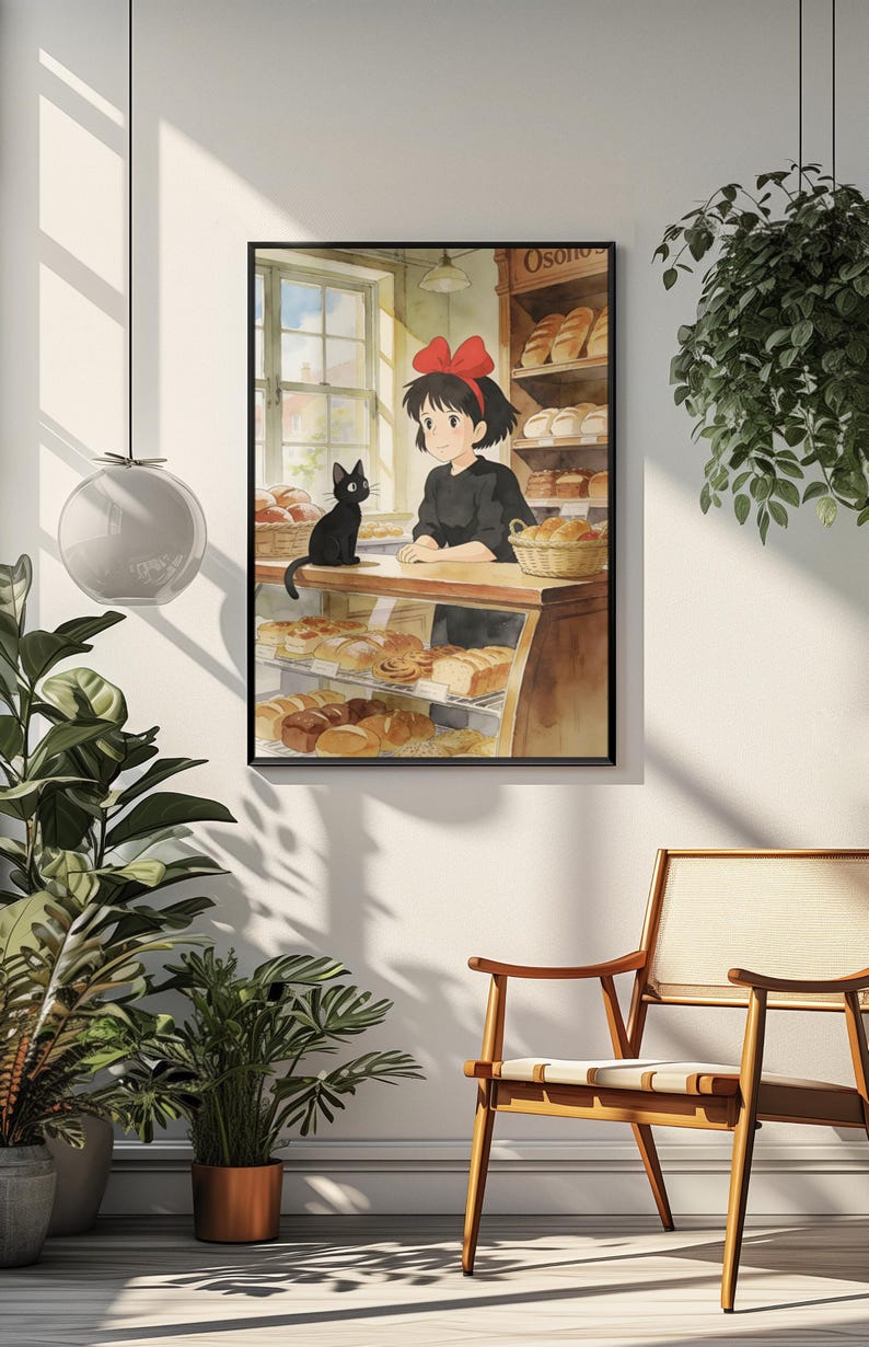 May include: Watercolor print of a bakery scene. A young woman with a red bow stands behind a display case filled with baked goods. A black cat sits on the counter. The bakery has a rustic, inviting atmosphere, with baskets of bread and pastries.