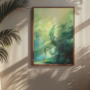 May include: A framed art print depicting a fantasy scene with a green dragon in a forest setting. The artwork features a person in orange clothing, a dragon, and lush green foliage. The frame is brown, and the artwork is displayed on a beige wall.
