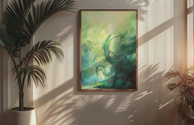 May include: A framed art print depicting a fantasy scene with a green dragon in a forest setting. The artwork features a person in orange clothing, a dragon, and lush green foliage. The frame is brown, and the artwork is displayed on a beige wall.