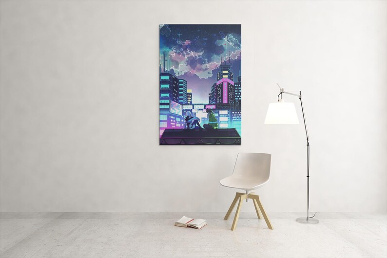 May include: A vertical canvas print showing a futuristic cityscape at night. The artwork features a person sitting on a rooftop, with neon-lit buildings and a colourful sky. The print is mounted on a white wall.
