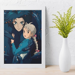 Det rörliga slottet-affisch | Studio Ghibli Anime-väggkonst | Magisk fantasyfilmtryck | Mysig japansk rumsdekor | Vintage anime-present till fan bild 4
