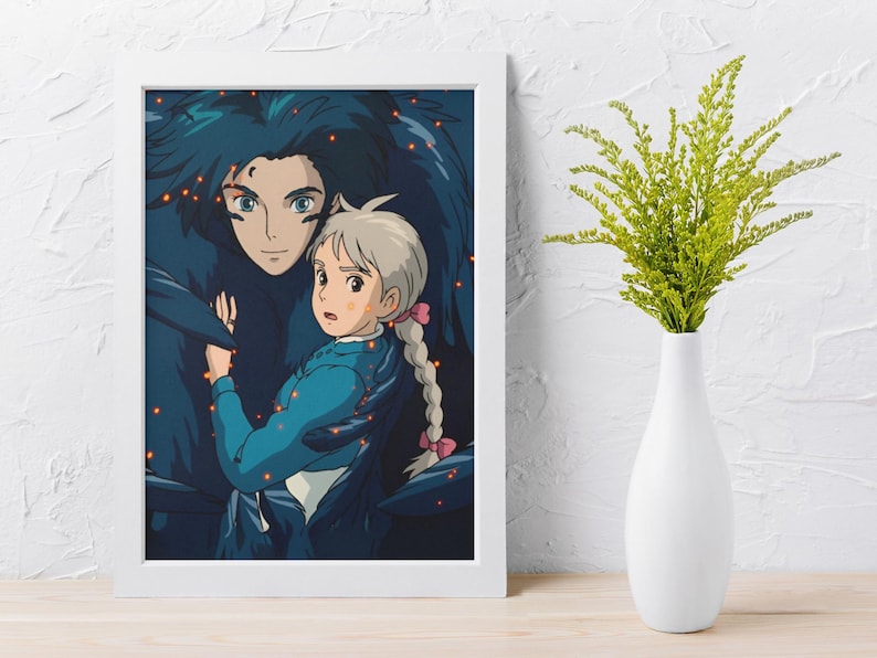 Det rörliga slottet-affisch | Studio Ghibli Anime-väggkonst | Magisk fantasyfilmtryck | Mysig japansk rumsdekor | Vintage anime-present till fan bild 4