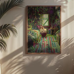 May include: A framed art print depicts a lush, overgrown interior scene with a person seated near a window. The artwork features a bed, striped rug, and a variety of plants, creating a vibrant and detailed illustration. The frame is a warm brown color.