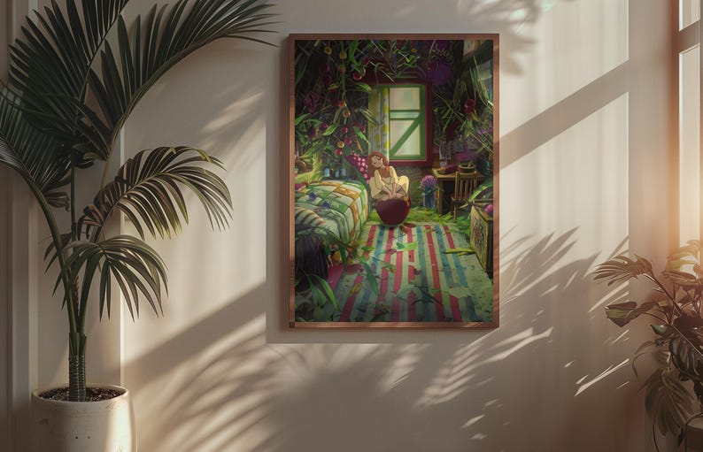 May include: A framed art print depicts a lush, overgrown interior scene with a person seated near a window. The artwork features a bed, striped rug, and a variety of plants, creating a vibrant and detailed illustration. The frame is a warm brown color.