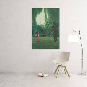May include: A rectangular wall art print featuring an animated scene of two figures standing in a lush green forest clearing facing a tall, slender, dark brown robotic figure with a long arm extended toward them under a bright white sky.