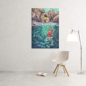 May include: A vertical art print depicts a split scene of a child looking into water at a red-dressed figure. The top half shows a rocky shore with a child in yellow. The bottom half shows an underwater scene.