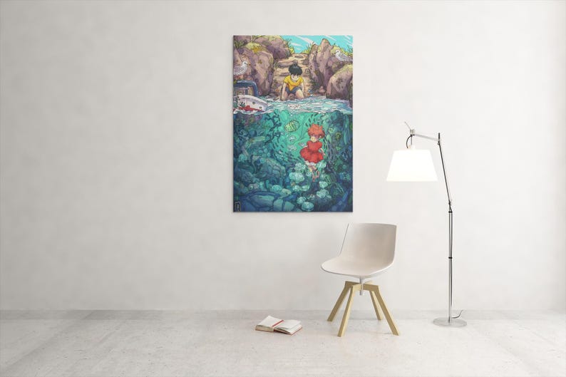 May include: A vertical art print depicts a split scene of a child looking into water at a red-dressed figure. The top half shows a rocky shore with a child in yellow. The bottom half shows an underwater scene.