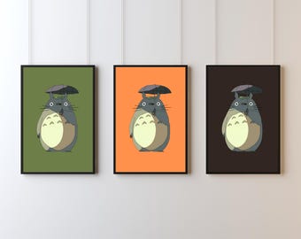 Plakat z filmu „Mój sąsiad Totoro” | Minimalistyczna grafika ścienna Studio Ghibli | Uroczy wystrój pokoju w stylu anime | Nadruk z parasolem Totoro | Przytulny, minimalistyczny i estetyczny prezent