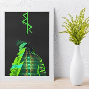 Puede incluir: Impresi&oacute;n art&iacute;stica enmarcada con una ilustraci&oacute;n en verde ne&oacute;n y negro de un personaje con un dise&ntilde;o futurista. El personaje lleva una chaqueta verde ne&oacute;n con una columna vertebral brillante. Un s&iacute;mbolo verde est&aacute; encima de la cabeza del personaje.