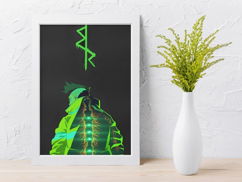Puede incluir: Impresi&oacute;n art&iacute;stica enmarcada con una ilustraci&oacute;n en verde ne&oacute;n y negro de un personaje con un dise&ntilde;o futurista. El personaje lleva una chaqueta verde ne&oacute;n con una columna vertebral brillante. Un s&iacute;mbolo verde est&aacute; encima de la cabeza del personaje.