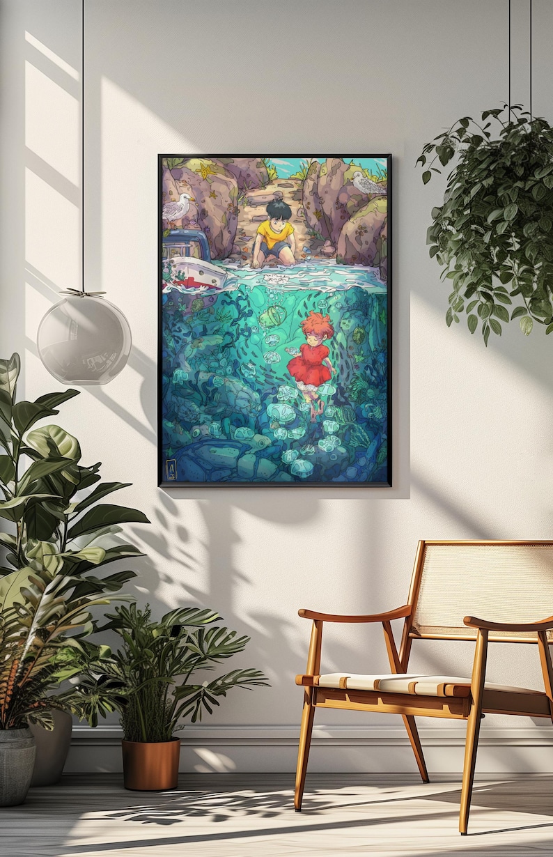 May include: Framed art print featuring a vibrant illustration of a young boy and girl in a coastal setting. The artwork depicts the boy on the shore and the girl underwater, surrounded by marine life. The color palette includes blues, greens, and reds.