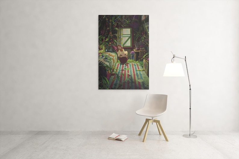 May include: A framed art print depicts a serene interior scene. A person is seated near a window, surrounded by lush greenery. A striped rug and a bed with a patterned cover are visible. A white chair and a floor lamp are in the foreground.
