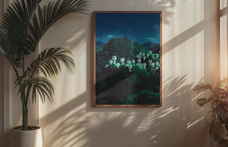 May include: A framed art print depicts a surreal landscape with a dark blue sky and a forest of green foliage. The artwork features numerous white, glowing, skull-like shapes. The frame is a warm brown color, and the scene is illuminated by sunlight.