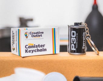 Ferrania P30 35mm Film Canister Keychain w/Custom-Made Film Box