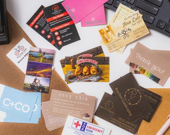 2" x 3.5" Standard Size Business Cards. Custom-made, 16pt paper, gloss & matte finish options.