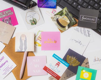 2.5" Square Business Cards. Custom-made, 16pt paper, gloss & matte finish options.