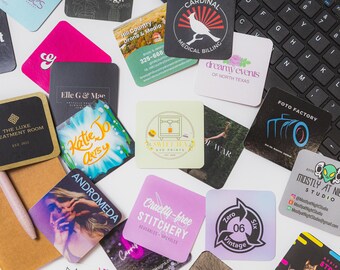 2.5" Square Business Cards With Rounded Corners. Custom-made, 16pt paper, gloss & matte finish options.