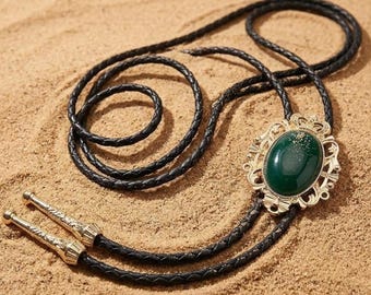 Vintage Inspired Emerald Green Bolo Tie for Men - Western Cowboy Necktie - Elegant Gold Filigree Tie with Braided Leather Cord