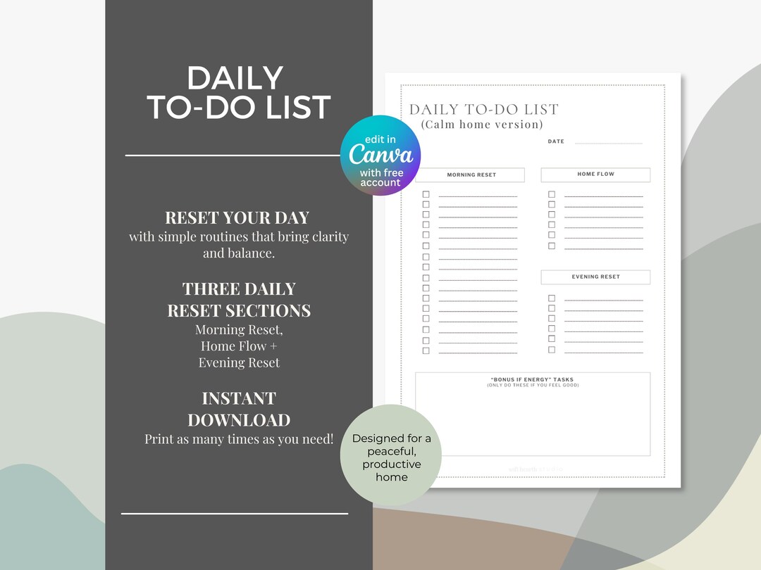 Calm Routine Daily Reset Checklist Printable, Simple Checklist for Moms ...
