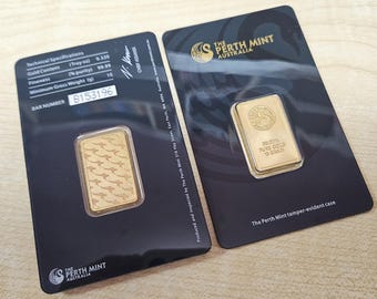 5 barras de 10 gramas da Perth Mint / Banhadas a ouro em blister preto