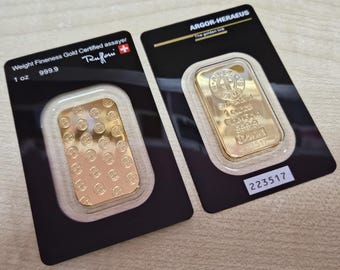 Lingote de ouro Argor Heraeus de 1 oz em blister preto