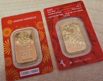 Barra de ouro Argor Heraeus de 1 oz em blister vermelho
