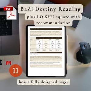May include: A digital tablet displays a BaZi Destiny Reading with a LO SHU square and recommendations. The tablet is next to a laptop, a mouse, and a PDF icon. The text on the image says "beautifully designed pages."