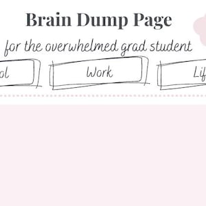 May include: A pink Brain Dump Page for an overwhelmed grad student. The page has sections labeled "School", "Work", and "Life". The text "Write it all down..." is on the left side of the page. A cloud-like doodle is at the top right.