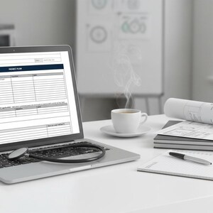 Può includere: Un laptop con un piano di progetto è su una scrivania bianca, con uno stetoscopio sulla tastiera. Una tazza di caffè, quaderni e una penna sono nelle vicinanze. Un progetto arrotolato e una lavagna sono sullo sfondo.