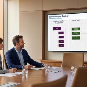 May include: A business meeting in a modern office setting. Three people are seated around a large wooden table. A large screen displays a "Communication Strategy" diagram. The room has large windows and neutral-toned furniture.
