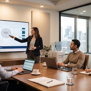 May include: A business meeting in a modern office setting. A woman points to a diagram on a large screen, while three colleagues listen and work on laptops. A water cooler and cityscape are visible.