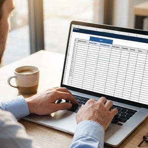 May include: A person using a laptop computer with a spreadsheet open on the screen. A cup of coffee and a notebook with a pen are on the desk. The person is wearing a light blue shirt.