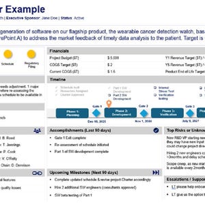 May include: A project management one-pager example with sections for scope, financials, timeline, and accomplishments. The document includes a status summary, regulatory strategy, core team, and upcoming milestones. The document is dated January 1, 2026.