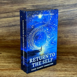 May include: A rectangular deck of cards box titled Return to the Self, featuring a blue night sky illustration with a bright star, a swirling galaxy, and a silhouette of a person standing on a dark shore. Text includes Calm, Clarity, Connection.