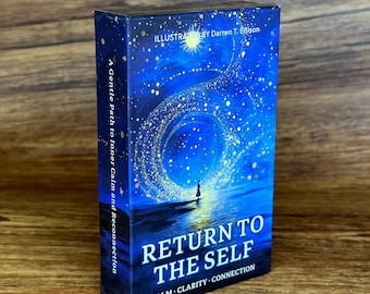 May include: A rectangular deck of cards box titled Return to the Self, featuring a blue night sky illustration with a bright star, a swirling galaxy, and a silhouette of a person standing on a dark shore. Text includes Calm, Clarity, Connection.